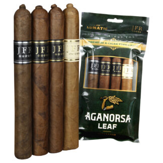 A bundle of cigars and a bag of leaf.