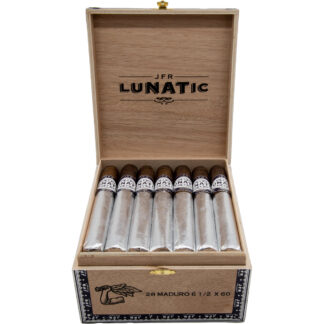 A box of lunatic cigars with the lid open.