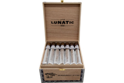 A box of lunatic cigars with the lid open.