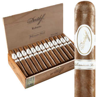 A box of davidoff cigars with the cigar in front.