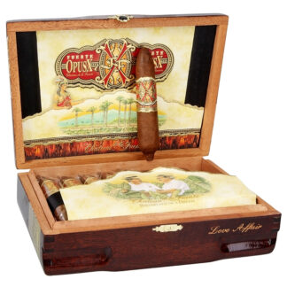 A cigar box with an open lid and a large cigar inside.