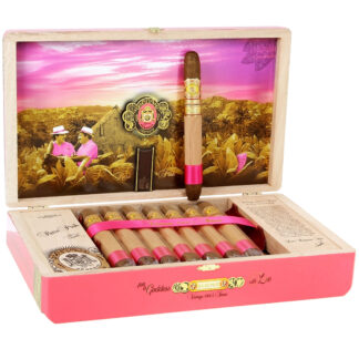 A pink box with some cigars inside of it