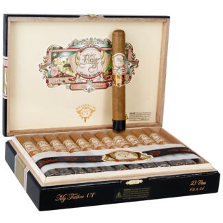 A box of cigars with the top opened to show the cigar.